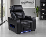 Zuma Dual Power Reclining Sofa, Loveseat & Recliner - Black Leatherette with USB, LED Under Glow & Bluetooth - lifestyle