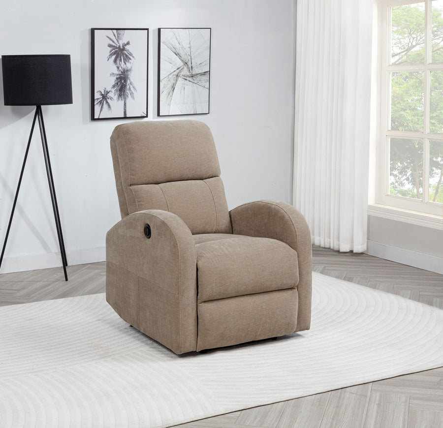Grant Compact Power Recliner Chair - Camel Fabric with Lay-Flat Recline & Topstitch Detailing
