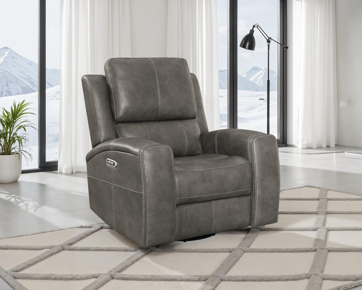 Brickston Triple Power Reclining Sofa, Loveseat & Swivel Glider Recliner - Charcoal Leatherette with USB Ports - lifestyle