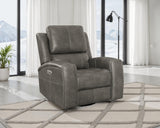 Brickston Triple Power Reclining Sofa, Loveseat & Swivel Glider Recliner - Charcoal Leatherette with USB Ports - lifestyle