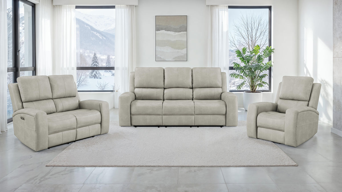 Brickston Triple Power Reclining Sofa, Loveseat & Swivel Glider Recliner - Zero Gravity Grey Leatherette
