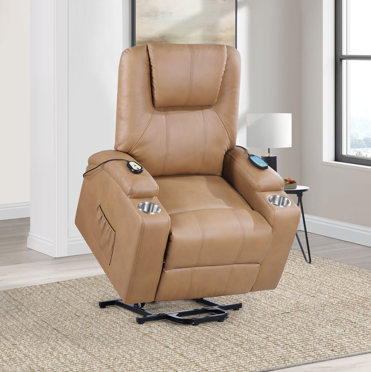 Armstrong Power Lift Recliner with Heat & Massage - Camel Faux Leather with Cup Holders & Side Pockets – view 4