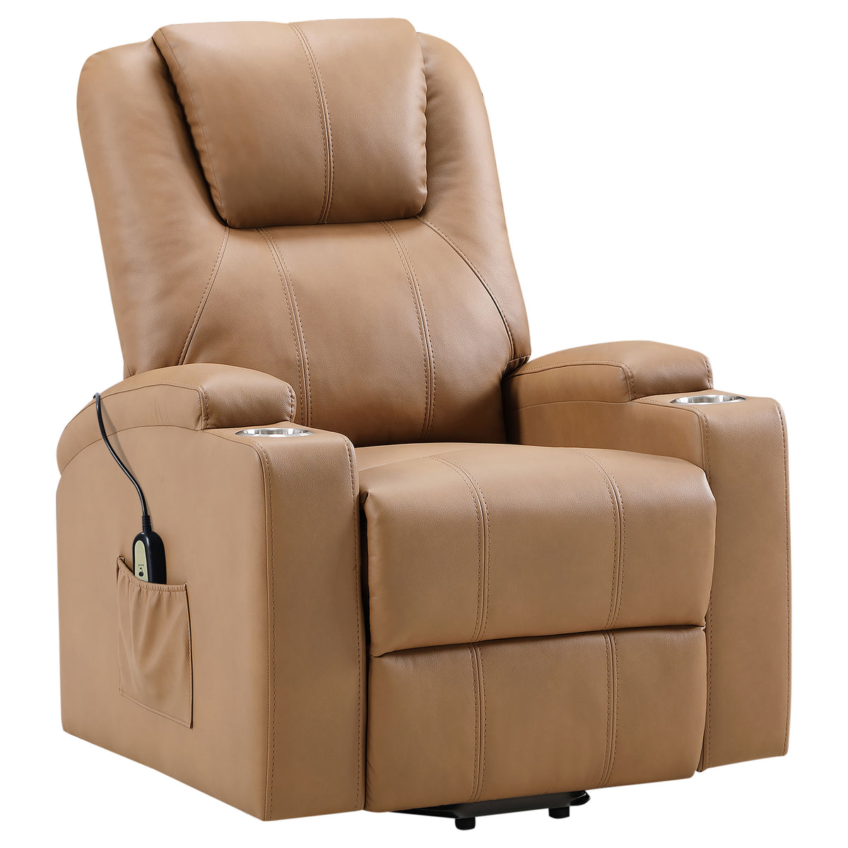 Armstrong Power Lift Recliner with Heat & Massage - Camel Faux Leather with Cup Holders & Side Pockets – view 5