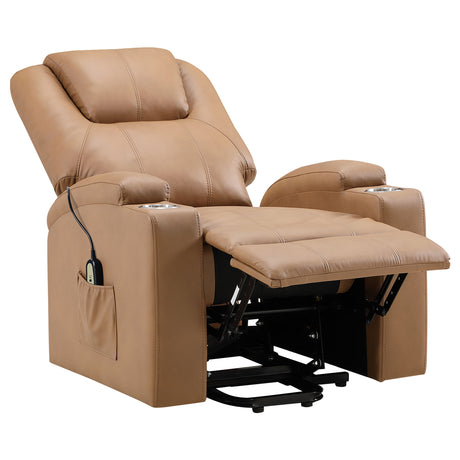 Armstrong Power Lift Recliner with Heat & Massage - Camel Faux Leather with Cup Holders & Side Pockets – view 6