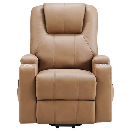 Armstrong Power Lift Recliner with Heat & Massage - Camel Faux Leather with Cup Holders & Side Pockets – view 7