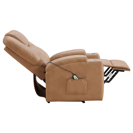 Armstrong Power Lift Recliner with Heat & Massage - Camel Faux Leather with Cup Holders & Side Pockets – view 10
