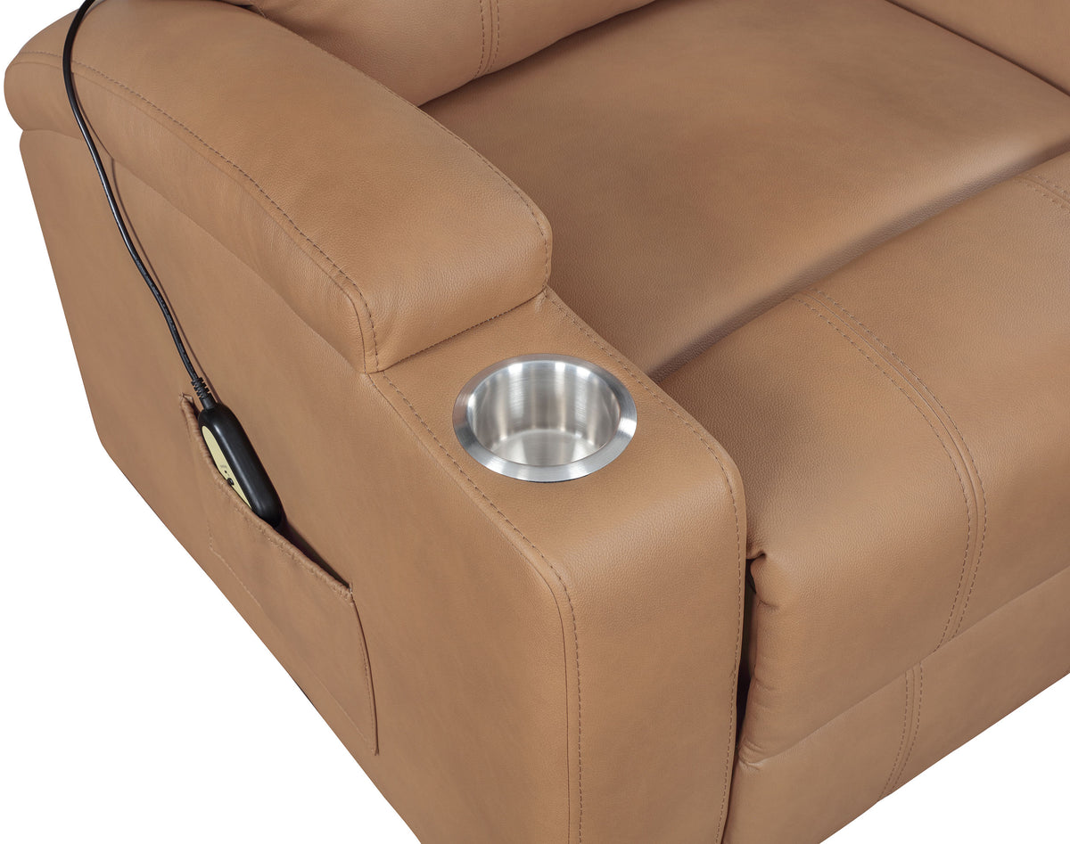 Armstrong Power Lift Recliner with Heat & Massage - Camel Faux Leather with Cup Holders & Side Pockets – view 11