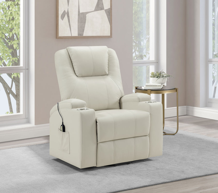 Armstrong Power Lift Recliner with Heat & Massage - Ivory Faux Leather with Cupholders