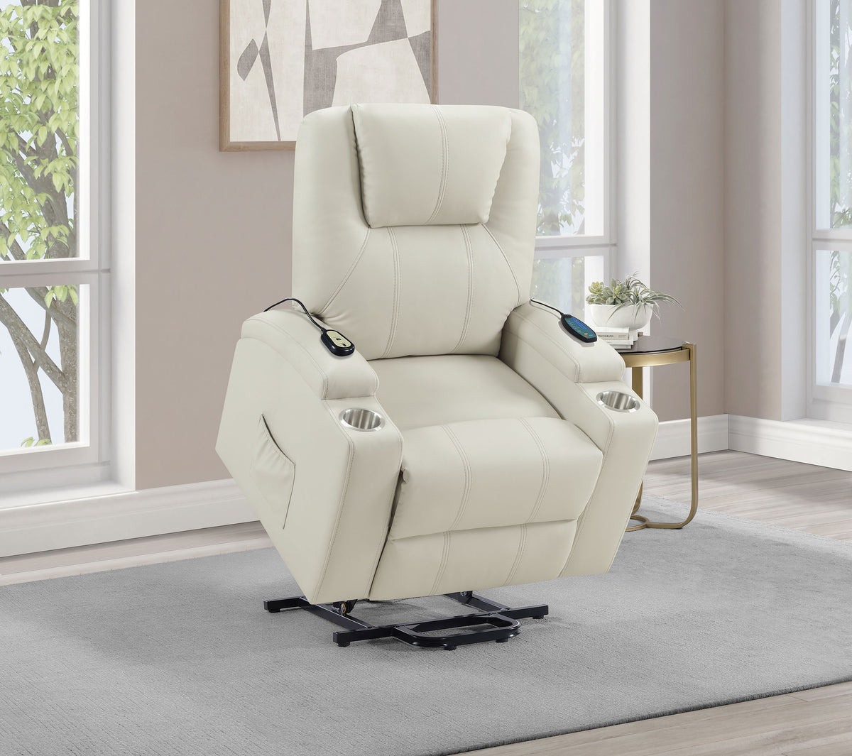 Armstrong Power Lift Recliner with Heat & Massage - Ivory Faux Leather with Cupholders – view 4