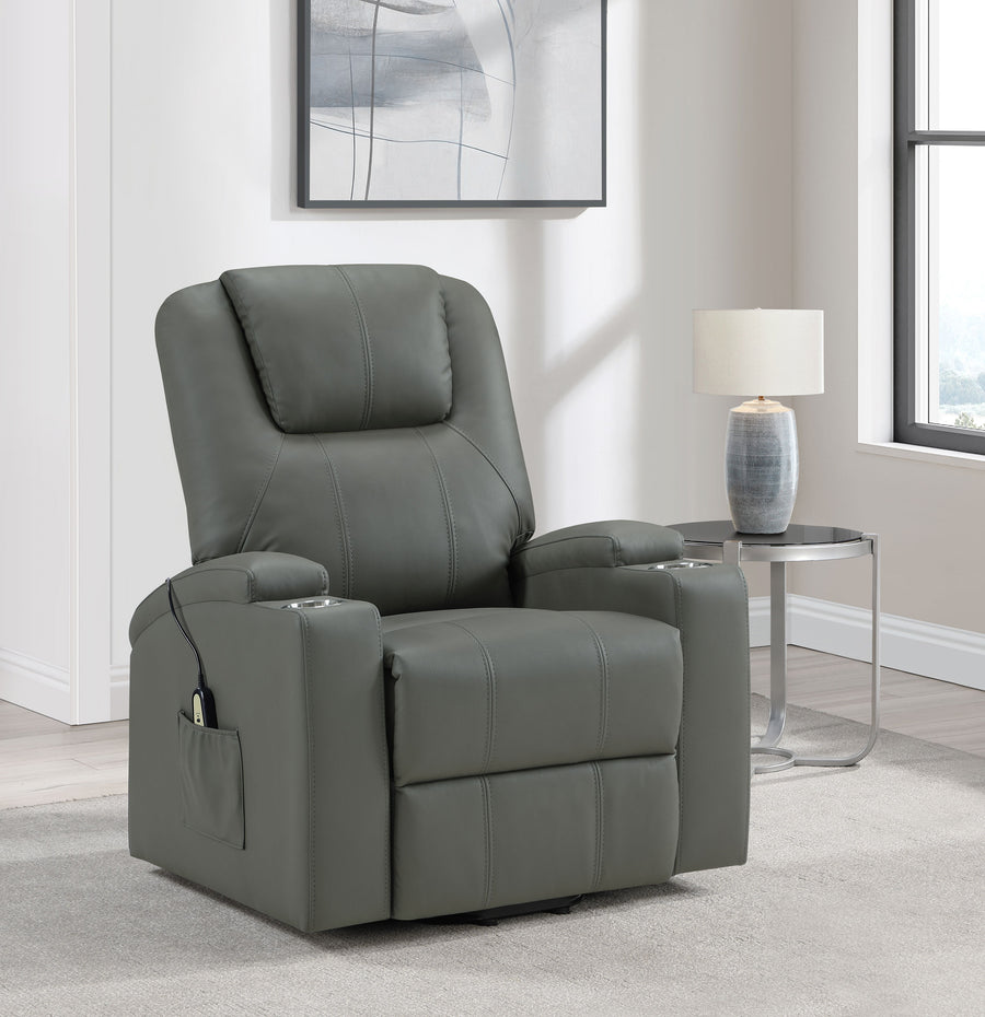 Armstrong Power Lift Recliner with Heat & Massage - Grey Faux Leather with Cup Holders