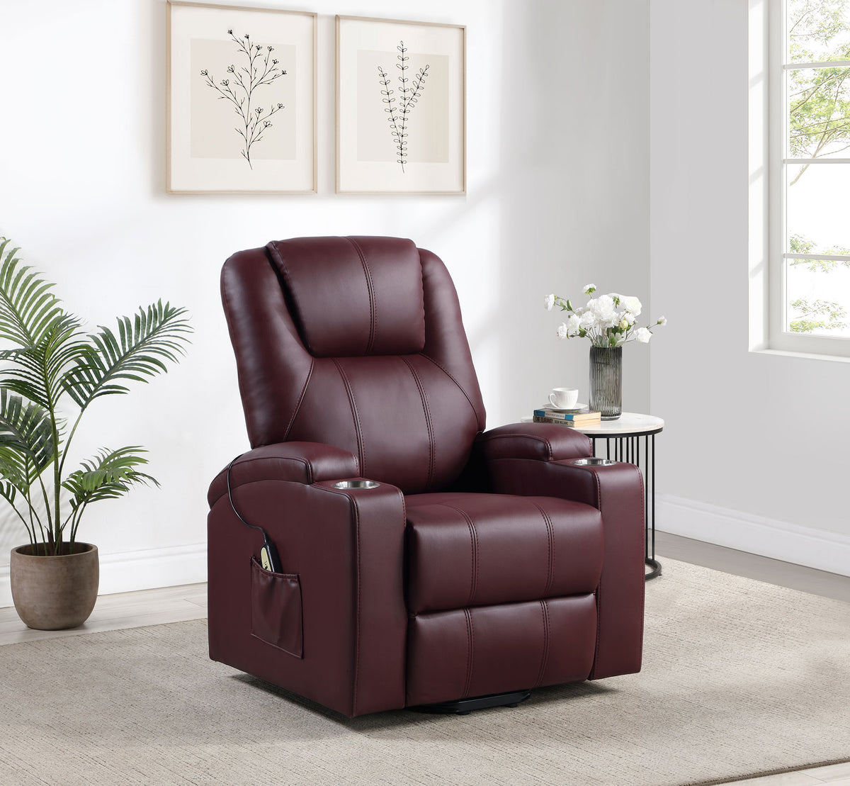 Armstrong Power Lift Recliner with Heat & Massage - Wine Faux Leather with Cup Holders – view 1