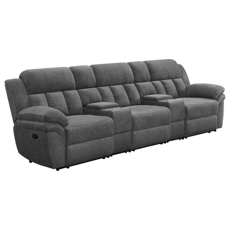 Bahrain Reclining Sectional, Sofa, Loveseat, Glider Recliner & Home Theater Seating - 5pc Home Theater Seating (3 Recliners + 2 Consoles) / Manual