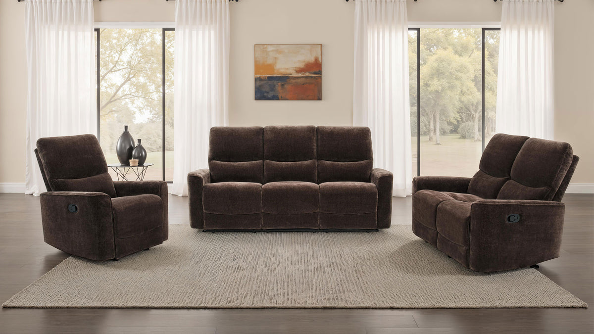 Navarro Reclining Sofa, Loveseat & Glider Recliner - Channel-Tufted Dark Brown Chenille Living Room Sets - lifestyle