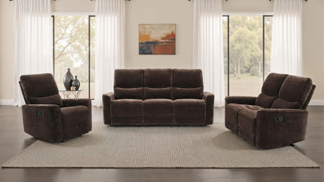 Navarro Reclining Sofa, Loveseat & Glider Recliner - Channel-Tufted Dark Brown Chenille Living Room Sets - lifestyle