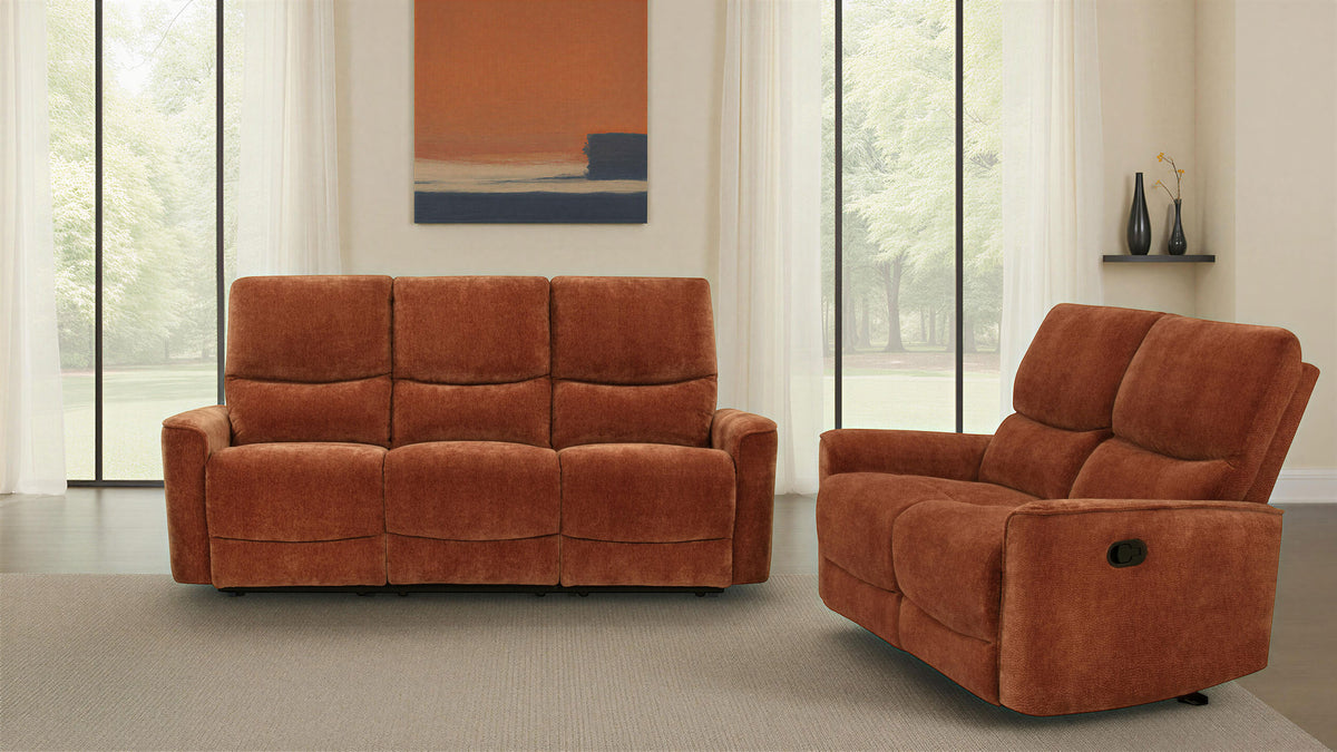 Navarro Reclining Sofa, Loveseat & Glider Recliner - Burnt Orange Chenille with Channel-Tufted Backs - lifestyle