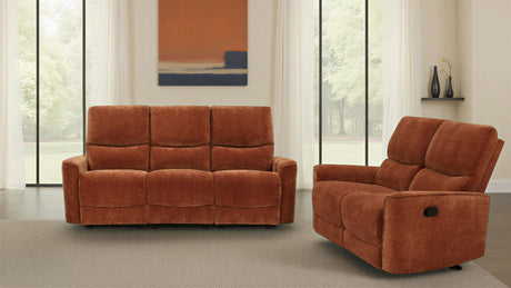 Navarro Reclining Sofa, Loveseat & Glider Recliner - Burnt Orange Chenille with Channel-Tufted Backs - lifestyle