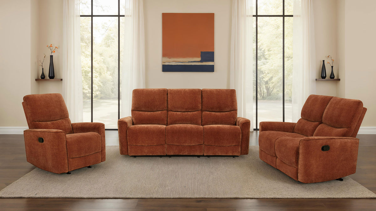 Navarro Reclining Sofa, Loveseat & Glider Recliner - Burnt Orange Chenille with Channel-Tufted Backs - lifestyle