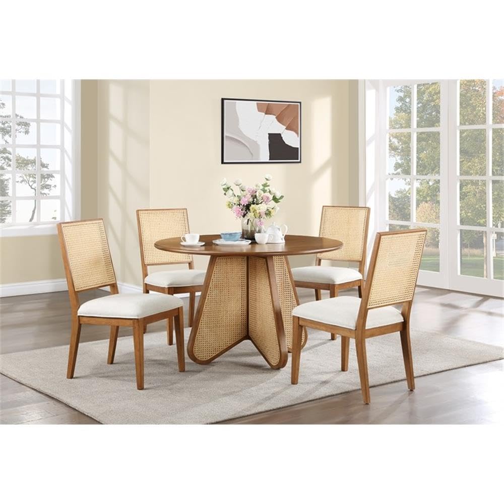 Kassy 5-Piece Cream with Walnut Rattan Dining Set - front view