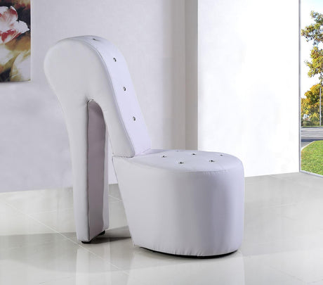 High Heel Faux Leather Shoe Chair with Crystal Studs in White - front view