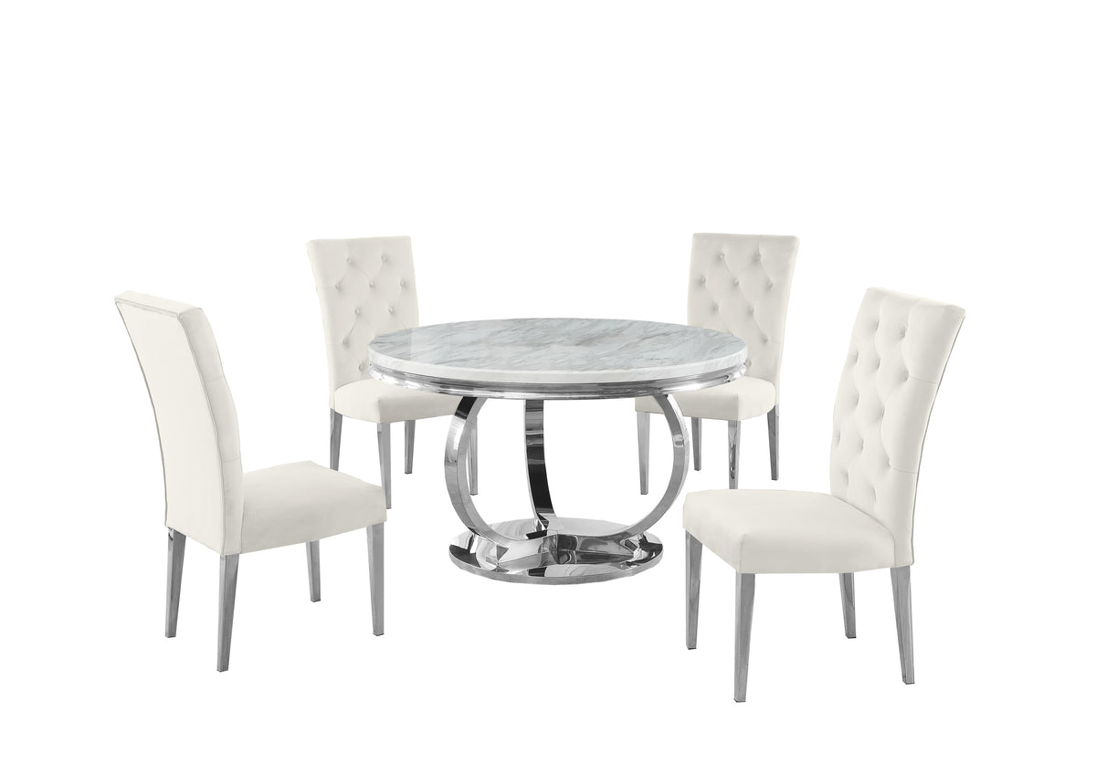 Lexington Round 5-Piece Dining Set with 4 Velvet Upholstered Chairs, 44" or 52" Dining Table in Cream/Silver