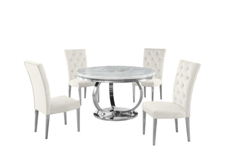 Lexington Round 5-Piece Dining Set with 4 Velvet Upholstered Chairs, 44" or 52" Dining Table in Cream/Silver