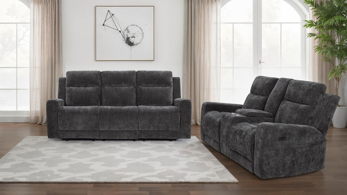 Kennett Power Reclining Sofa, Loveseat & Recliner - Dark Grey Chenille with USB Charging, Living Room Sets - lifestyle
