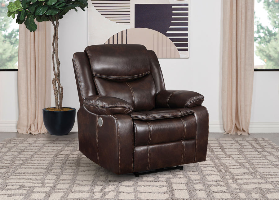 Sycamore Power Recliner with USB Port - Dark Brown Breathable Leatherette with Contrast Stitching
