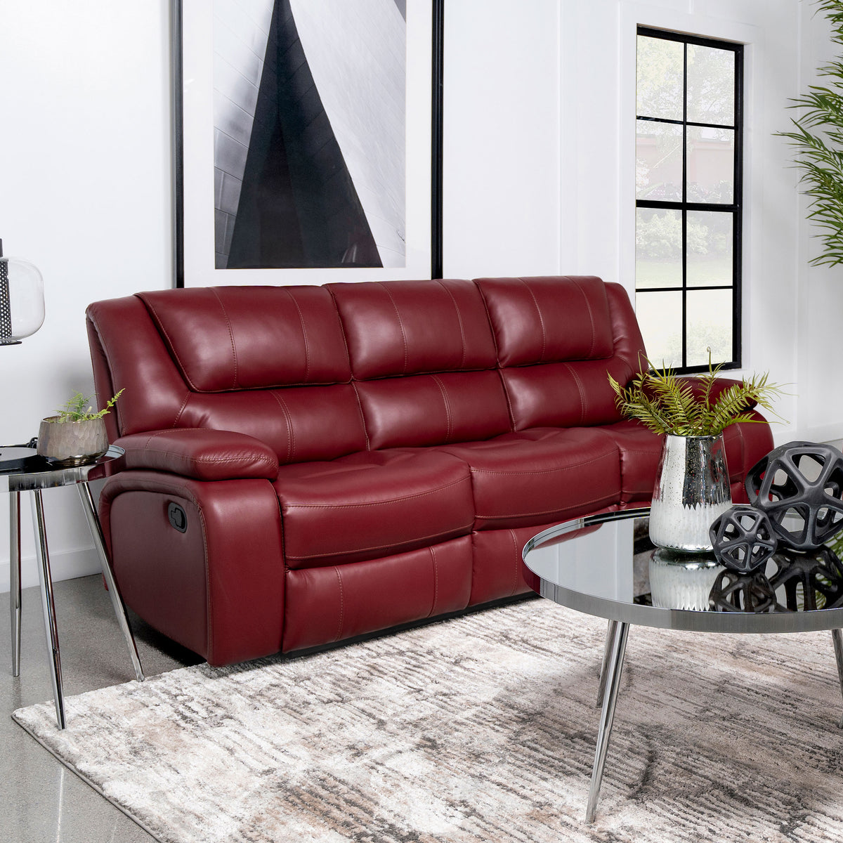 Camila Reclining Sofa, Loveseat & Glider Recliner - Red Leatherette Motion Living Room Sets – view 1
