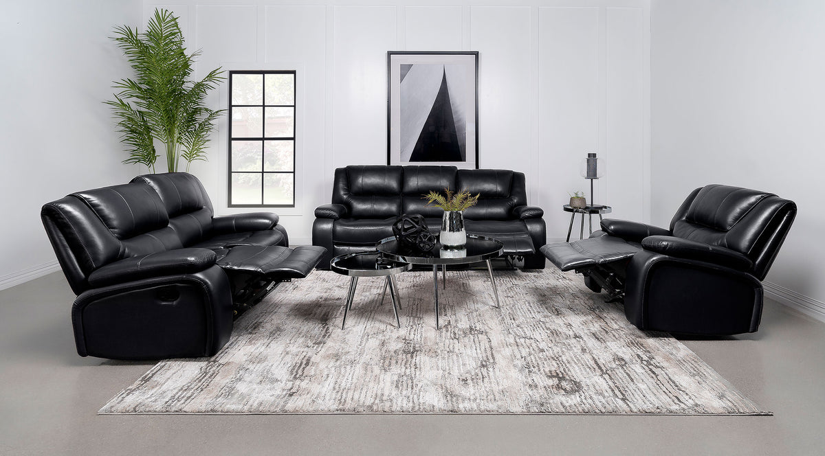 Camila Reclining Sofa, Loveseat & Glider Recliner - Black Faux Leather Motion Living Room Sets – view 18