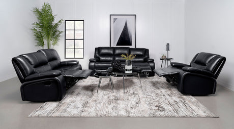 Camila Reclining Sofa, Loveseat & Glider Recliner - Black Faux Leather Motion Living Room Sets – view 18