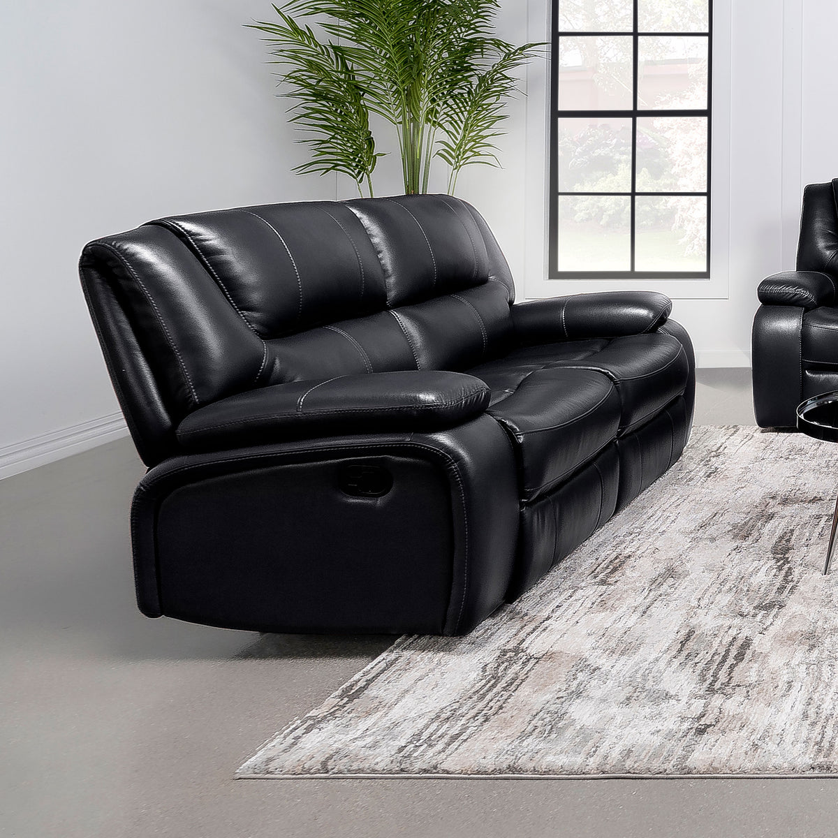 Camila Reclining Sofa, Loveseat & Glider Recliner - Black Faux Leather Motion Living Room Sets – view 2