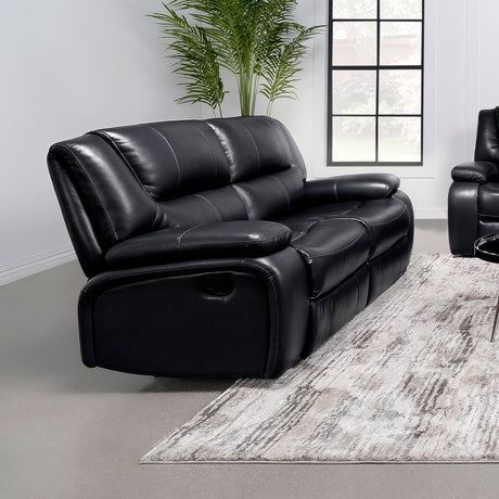 Camila Reclining Sofa, Loveseat & Glider Recliner - Black Faux Leather Motion Living Room Sets – view 2