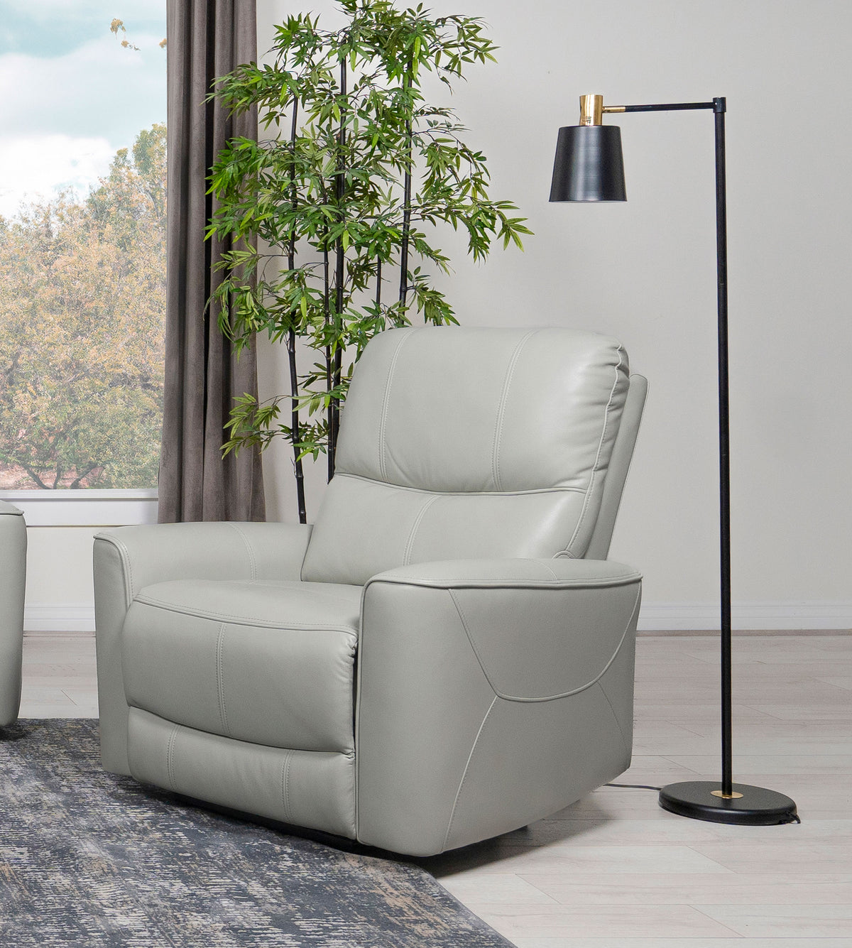 Greenfield Power Reclining Sofa, Loveseat & Recliner - Dove Grey Leatherette with USB Switch Panel - lifestyle