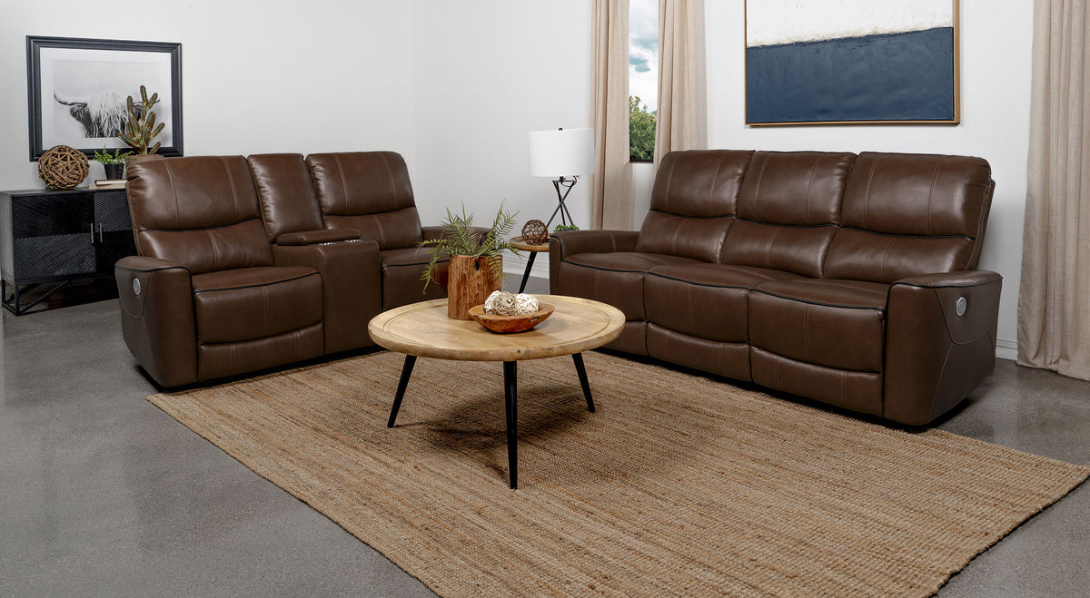 Greenfield Power Reclining Sofa, Loveseat & Recliner - Saddle Brown Leatherette with USB Charging - lifestyle