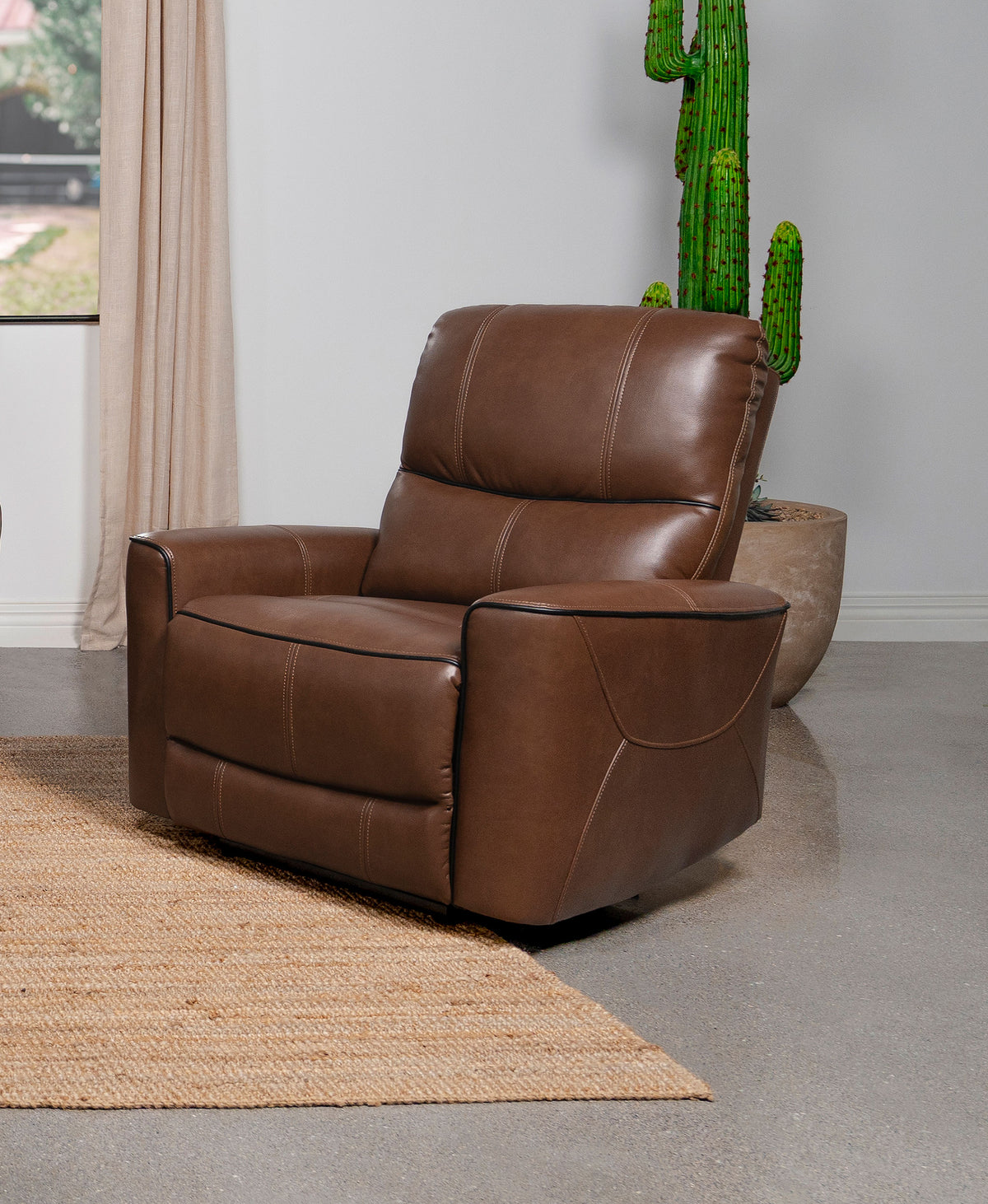 Greenfield Power Reclining Sofa, Loveseat & Recliner - Saddle Brown Leatherette with USB Charging - lifestyle