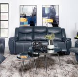 Sloane Reclining Sofa, Console Loveseat & Recliner - Blue Faux Leather with Power Outlet, USB & Cup Holders – view 1