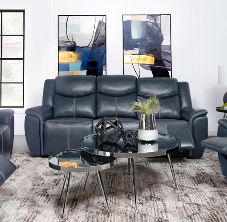 Sloane Reclining Sofa, Console Loveseat & Recliner - Blue Faux Leather with Power Outlet, USB & Cup Holders – view 1