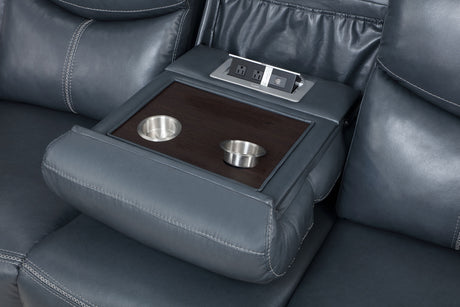 Sloane Reclining Sofa, Console Loveseat & Recliner - Blue Faux Leather with Power Outlet, USB & Cup Holders – view 12