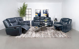 Sloane Reclining Sofa, Console Loveseat & Recliner - Blue Faux Leather with Power Outlet, USB & Cup Holders – view 16