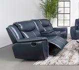 Sloane Reclining Sofa, Console Loveseat & Recliner - Blue Faux Leather with Power Outlet, USB & Cup Holders – view 17