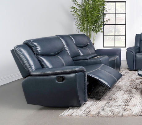 Sloane Reclining Sofa, Console Loveseat & Recliner - Blue Faux Leather with Power Outlet, USB & Cup Holders – view 17
