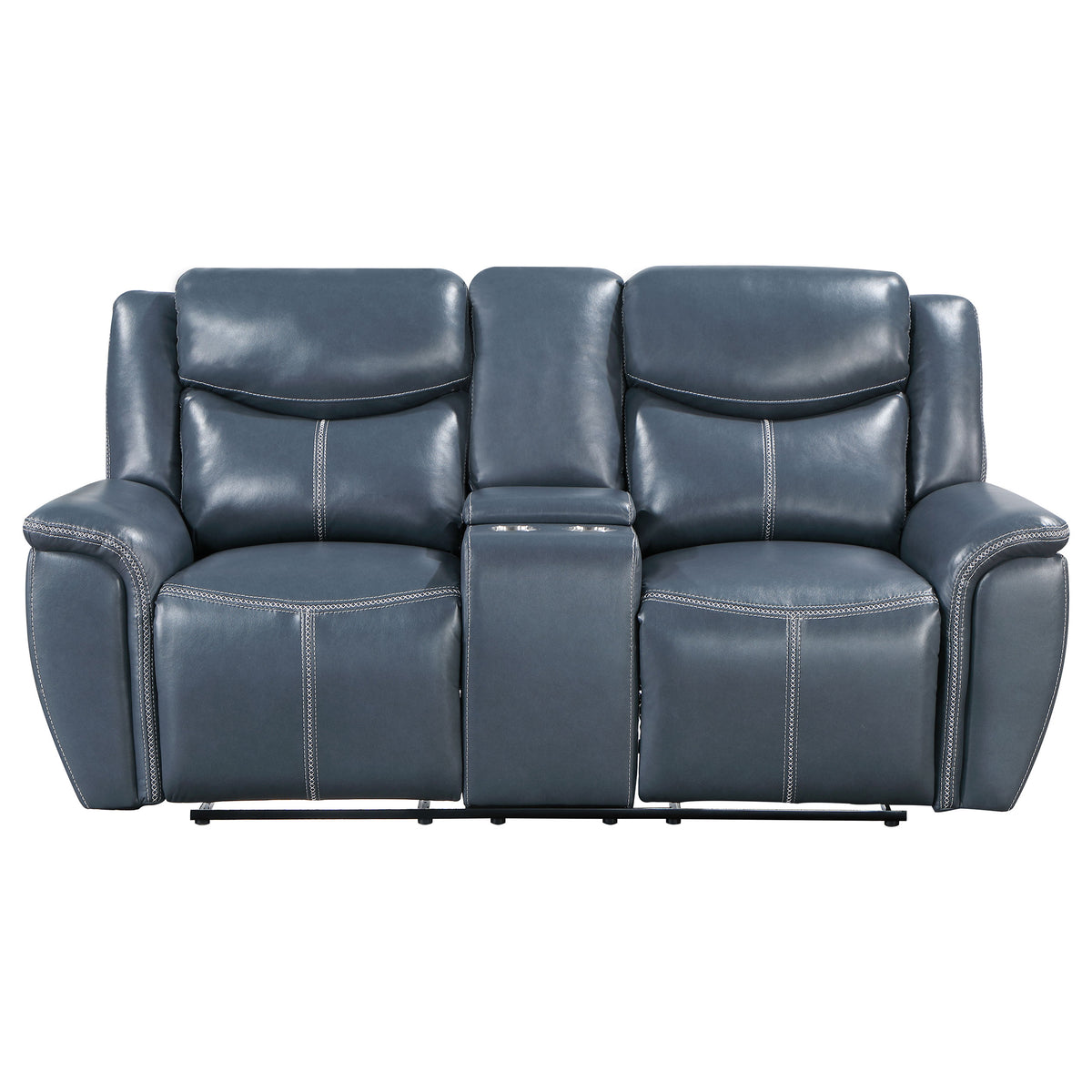 Sloane Reclining Sofa, Console Loveseat & Recliner - Blue Faux Leather with Power Outlet, USB & Cup Holders – view 19