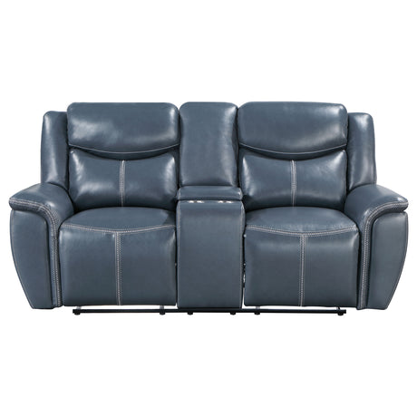 Sloane Reclining Sofa, Console Loveseat & Recliner - Blue Faux Leather with Power Outlet, USB & Cup Holders – view 19