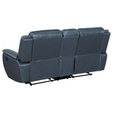 Sloane Reclining Sofa, Console Loveseat & Recliner - Blue Faux Leather with Power Outlet, USB & Cup Holders – view 20