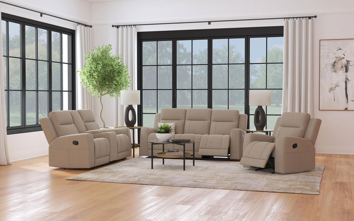 Brentwood Reclining Sofa, Loveseat & Rocker Recliner - Taupe Suede-Like Fabric with Track Arms – view 16