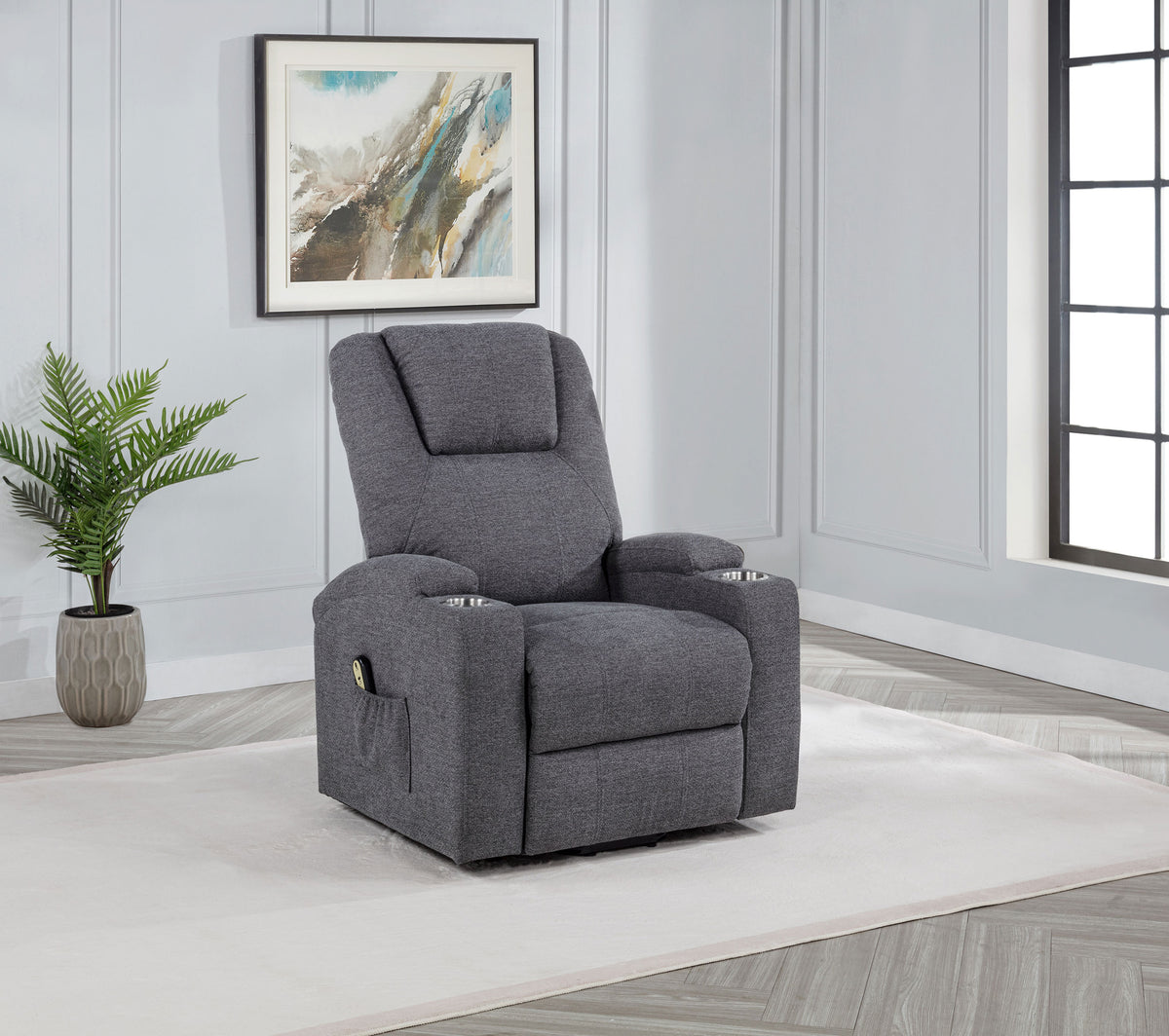 Louie Power Lift Recliner with Heat & Massage - Dark Grey Chenille with Cup Holders – view 1