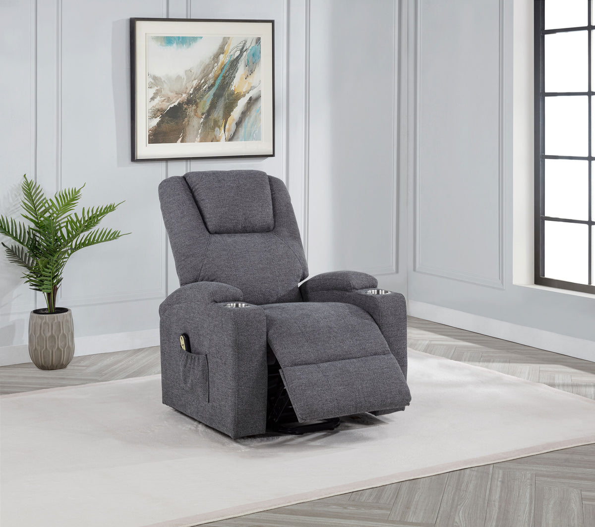 Louie Power Lift Recliner with Heat & Massage - Dark Grey Chenille with Cup Holders – view 3