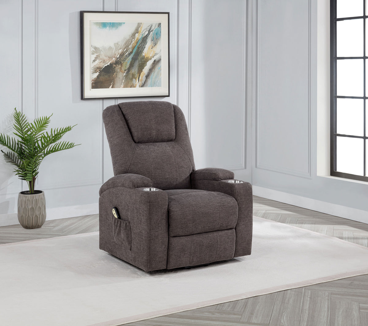 Louie Power Lift Recliner with Heat & Massage - Brown Chenille with Cup Holders & Side Pockets – view 1