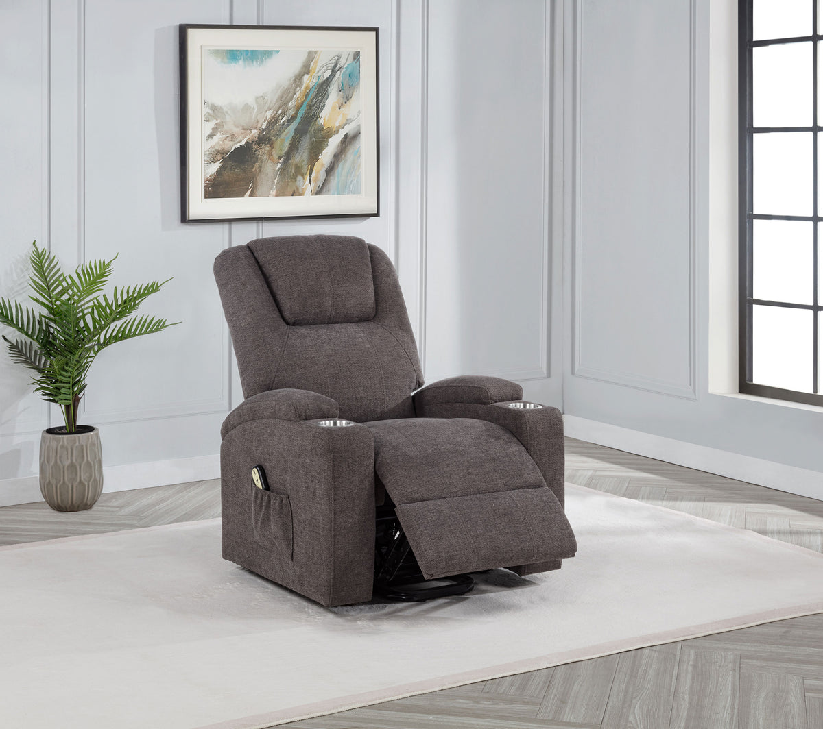 Louie Power Lift Recliner with Heat & Massage - Brown Chenille with Cup Holders & Side Pockets – view 3