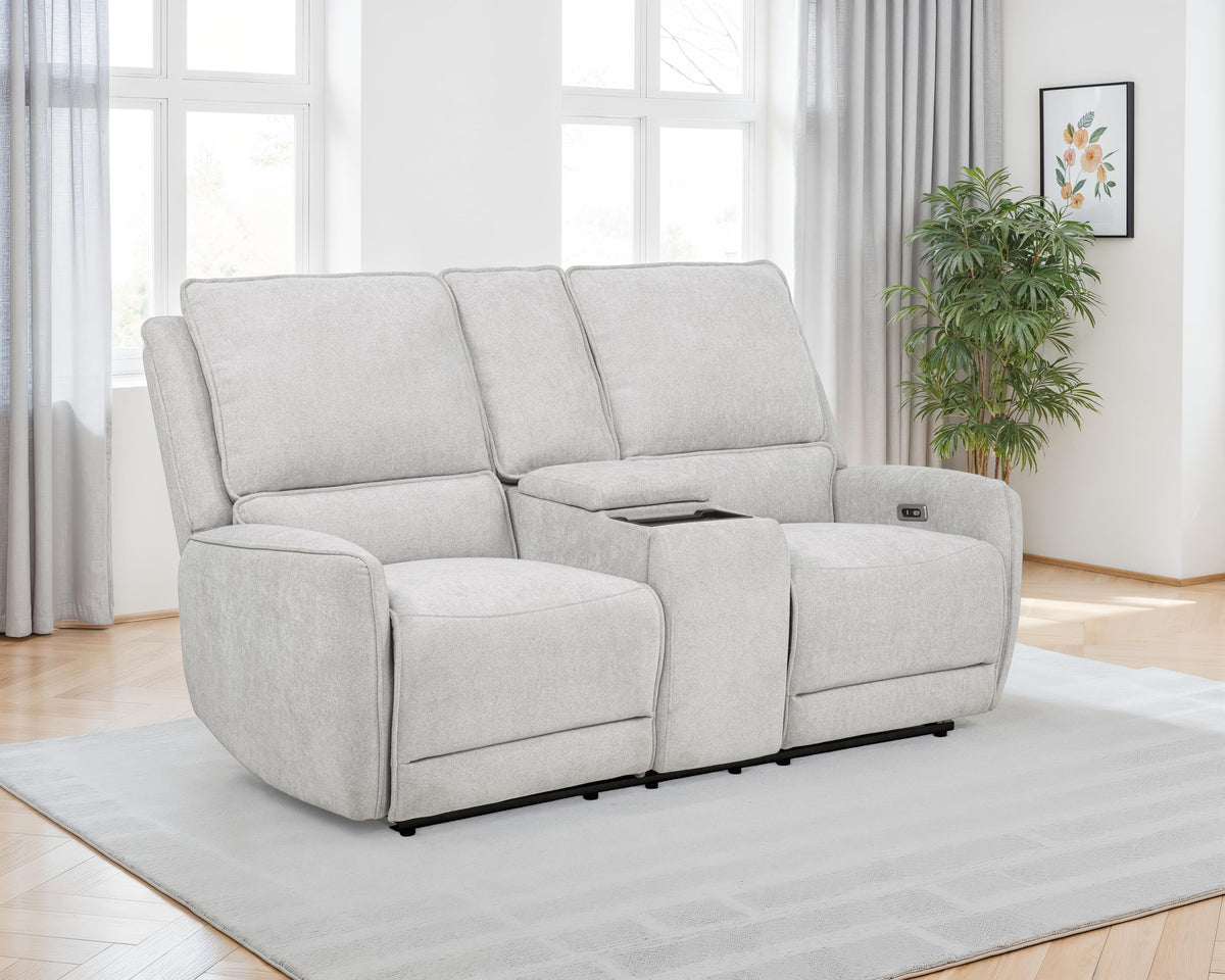 Sylmar Power Reclining Sofa, Loveseat & Recliner - Dove Grey Chenille with Push-Button Recline - lifestyle